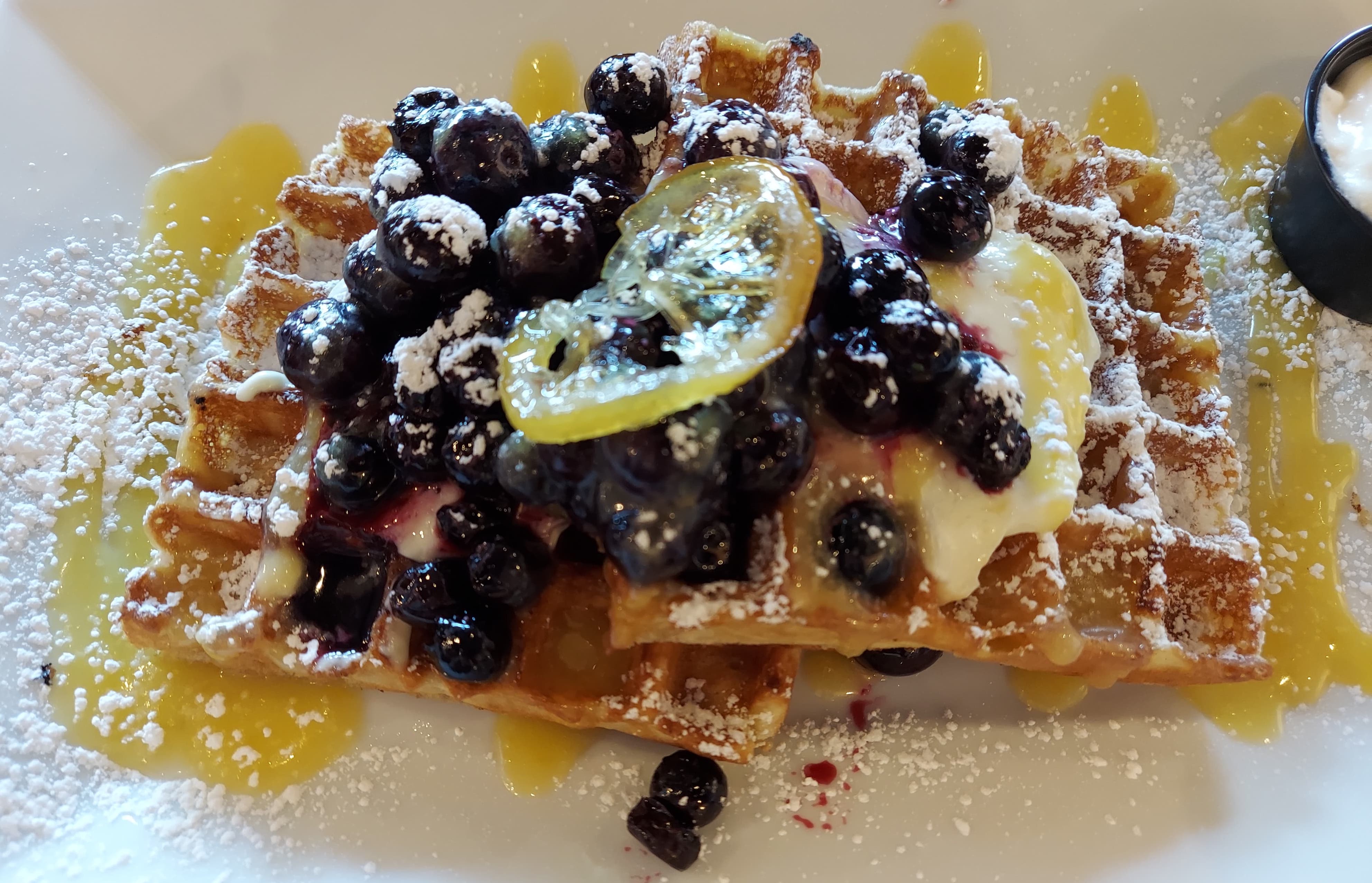 Lemon Curd and Blueberry Compote Waffles at Cafe Luna